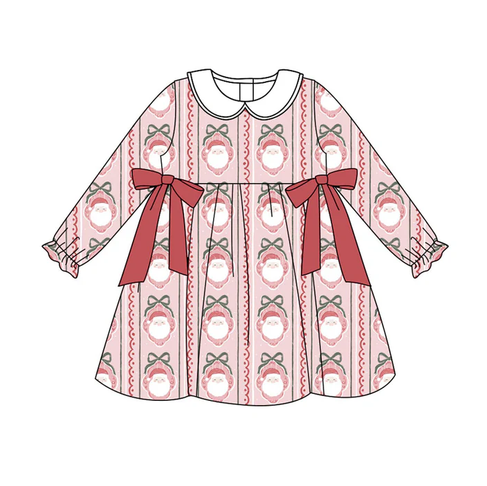 9.3 Preorder (moq 5)Baby Girls Red Bows Santa Stripes Christmas Knee Length Dresses