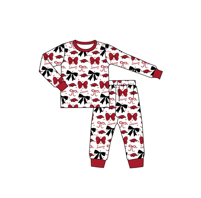 9.3 Preorder (moq 5)Baby Girls Red Arkansas Team Bows Top Pants Pajamas Sets