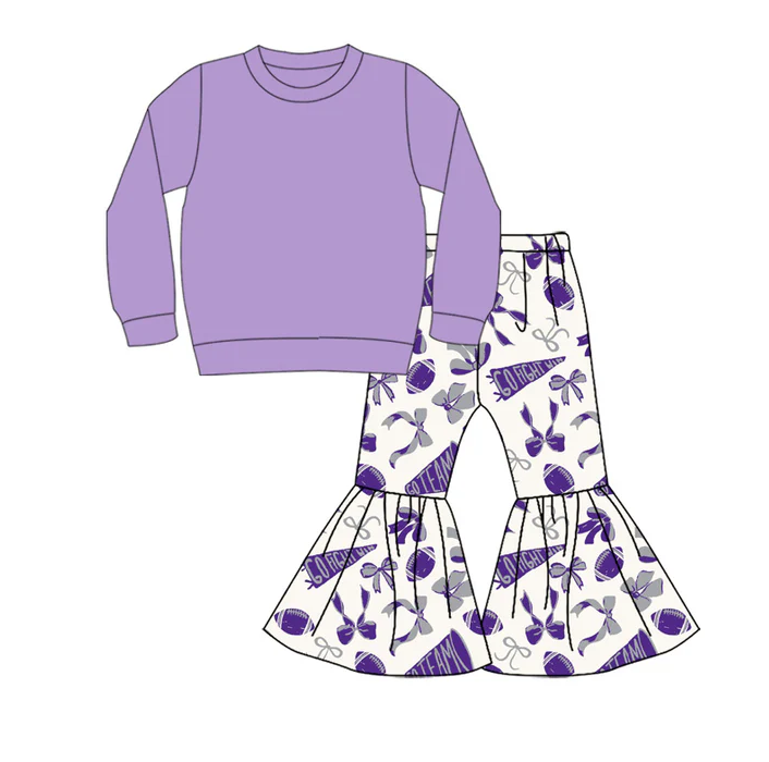 9.3 Preorder (moq 5)Baby Girls Lavender Top Team Cheer Go Fight With Flag Bows Bell Bottom Pants Sets