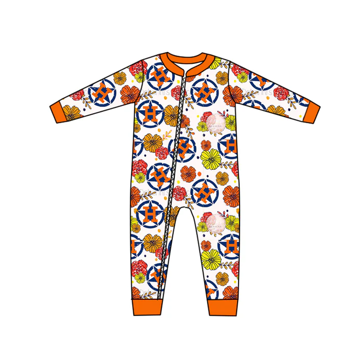 9.4 Baby Girls Flowers Team Orange H Zip Long Sleeve Rompers preorder(moq 5)
