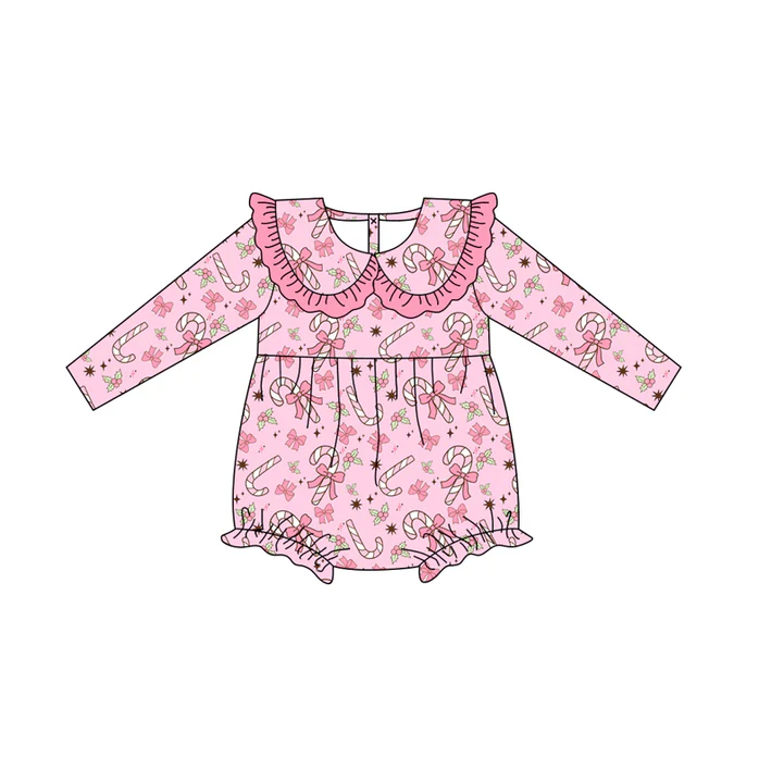 9.4 Preorder (moq 5)Baby Girls Long Sleeves Pink Bows Candy Cane Holly Plaid Ruffle Romper