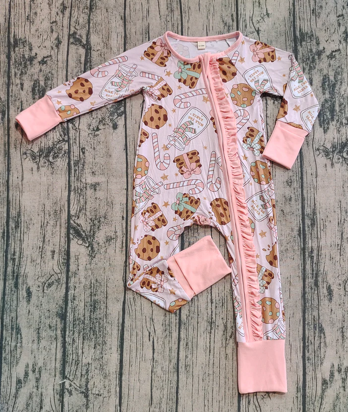 9.4 Preorder (moq 20)Baby Girls Bamboo Long Sleeves Milk Cookie Christmas Ruffle Zipper Rompers