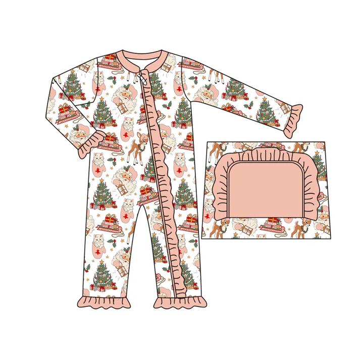 9.4 Preorder moq 5 Baby Infant Girls Long Sleeves Deer Santa Trees Ruffle Zipper Romper