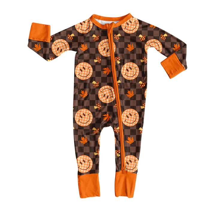 9.4 Preorder moq 5 Baby Infant Boys Long Sleeves Brown Plaid Leaves Smiles Zipper Romper