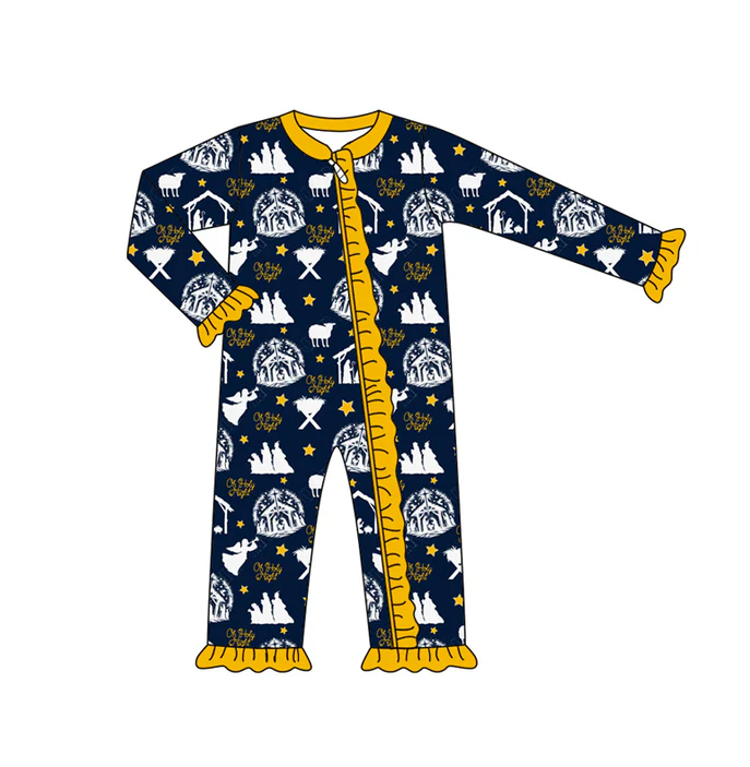 9.4 Preorder (moq 5)Baby Girls Long Sleeves Stars Nativity Plaid Ruffle Zipper Romper