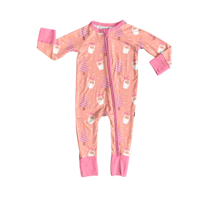 9.4 Preorder (moq 5)Baby Girls Peach Long Sleeves Santa Trees Plaid Zipper Romper