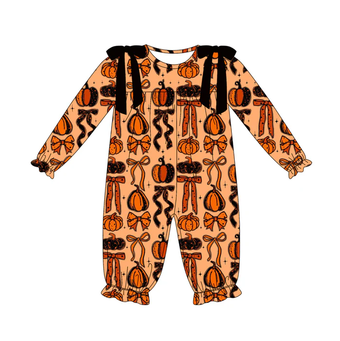 9.4 Preorder (moq 5)Baby Girls Long Sleeves Pumpkins Bows Plaid Ruffle Pant Romper