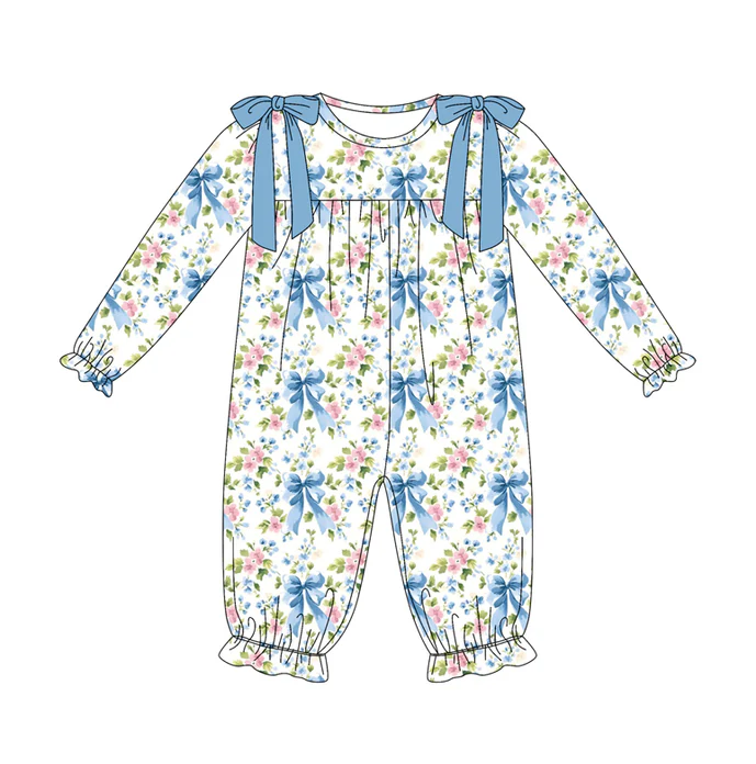 9.4 Preorder (moq 5)Baby Girls Long Sleeves Blue Bows Floral Ruffle Pant Romper