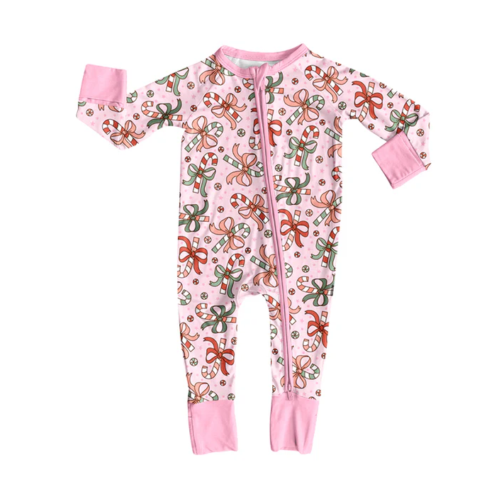 9.4 Preorder (moq 5)Baby Girls Pink Long Sleeves Bows Candy Cane Plaid Zipper Romper