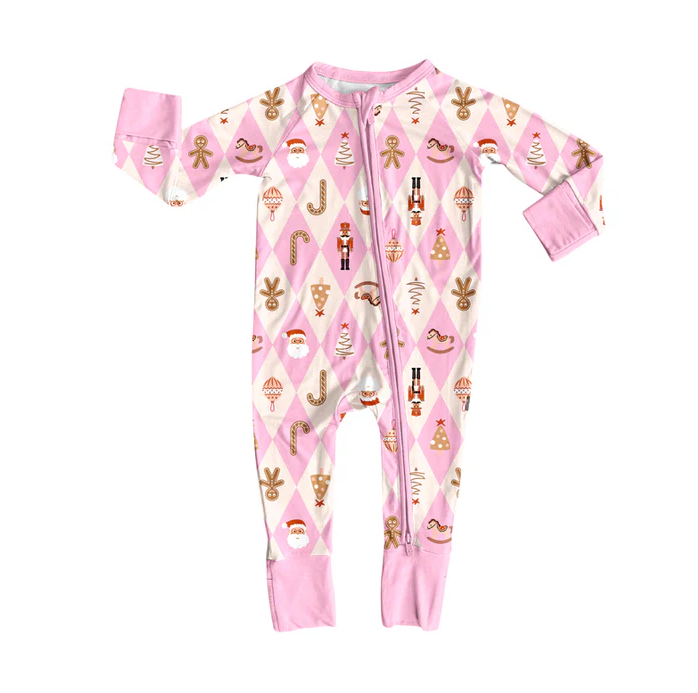 9.4 Preorder (moq 5)Baby Girls Long Sleeves Pink Santa Gingerbread Soldiers Plaid Zipper Romper