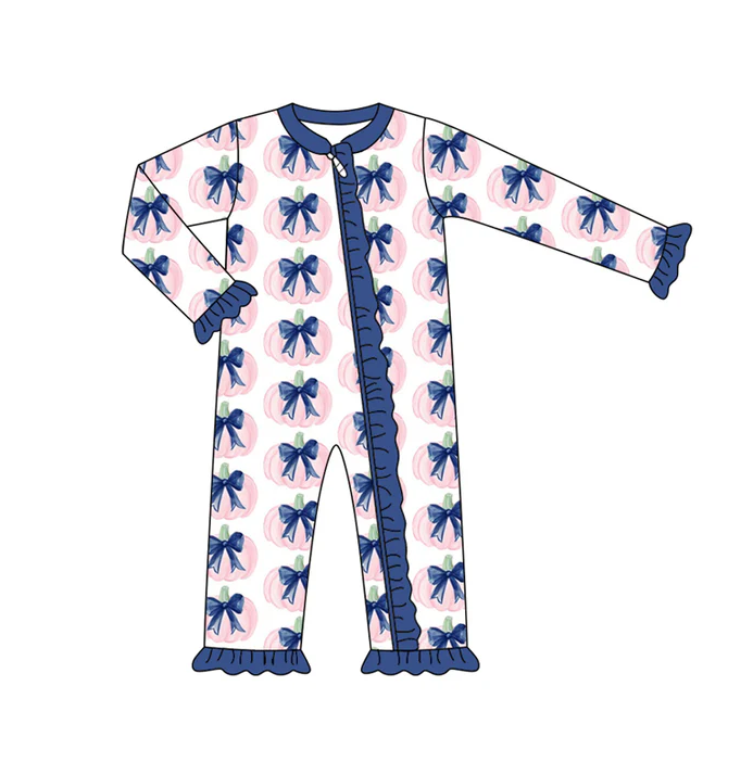 9.4 Preorder (moq 5)Baby Girls Long Sleeves Blue Bows Pumpkins Plaid Ruffle Zipper Romper