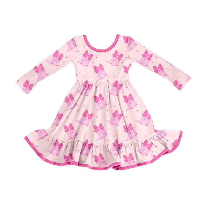 9.5 Preorder (moq 5)Baby Girls Pink Bows Boots Valentine Ruffle Knee Length Dresses