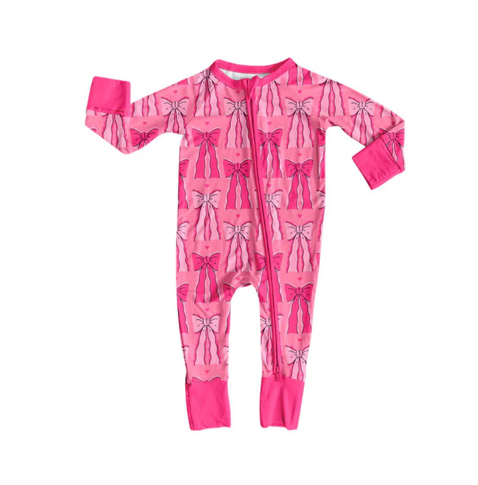 9.5 Preorder (moq 5)Baby Girls Hot Pink Bows Valentine Zipper Footie Rompers