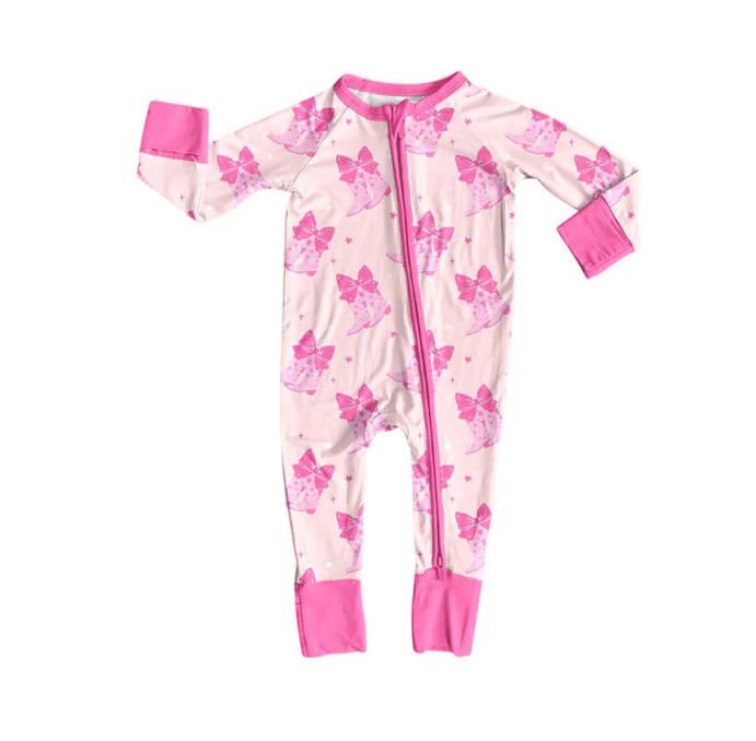 9.5 Preorder (moq 5)Baby Girls Pink Bows Boots Valentine Zipper Footie Rompers