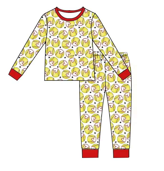 9.6 Baby Boys Softball Hearts Long Sleeve Shirt Pants Pajamas Clothes Sets Preorder(moq 5)