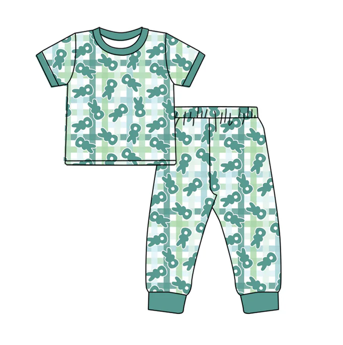 9.6 Baby Boys Easter Checkered Rabbits Top Pants Pajamas Clothes Sets preorder(MOQ 5)