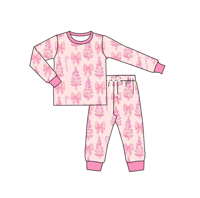 9.6 Preorder moq 5 Baby Girls Pink Bows Trees Top Pant Christmas Pajamas Set