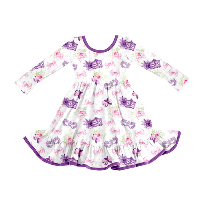 9.8 Preorder (moq 5)Baby Girls Mardi Gras Flowers Masks Bows Ruffle Knee Length Dresses