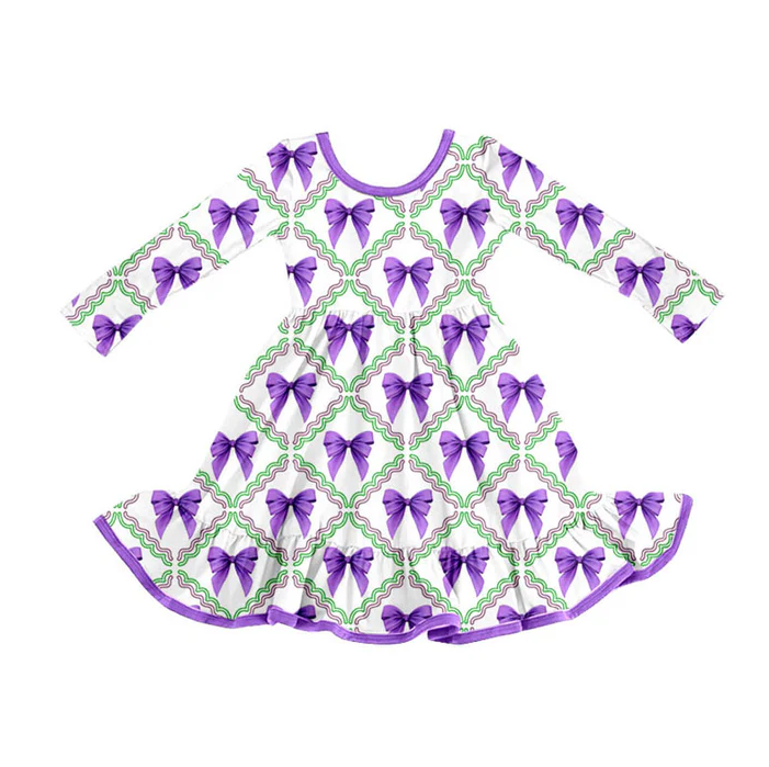 9.8 Preorder (moq 5)Baby Girls Mardi Gras Purple Bows Checked Ruffle Knee Length Dresses