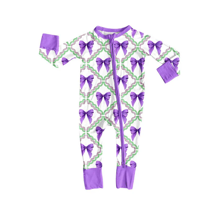 9.8 Preorder (moq 5)Baby Girls Mardi Gras Purple Bows Checked Zipper Footie Rompers