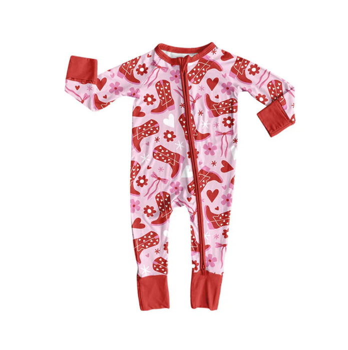 9.8 Preorder (moq 5)Baby Girls Boots Bows Flowers Valentine Zipper Footie Rompers