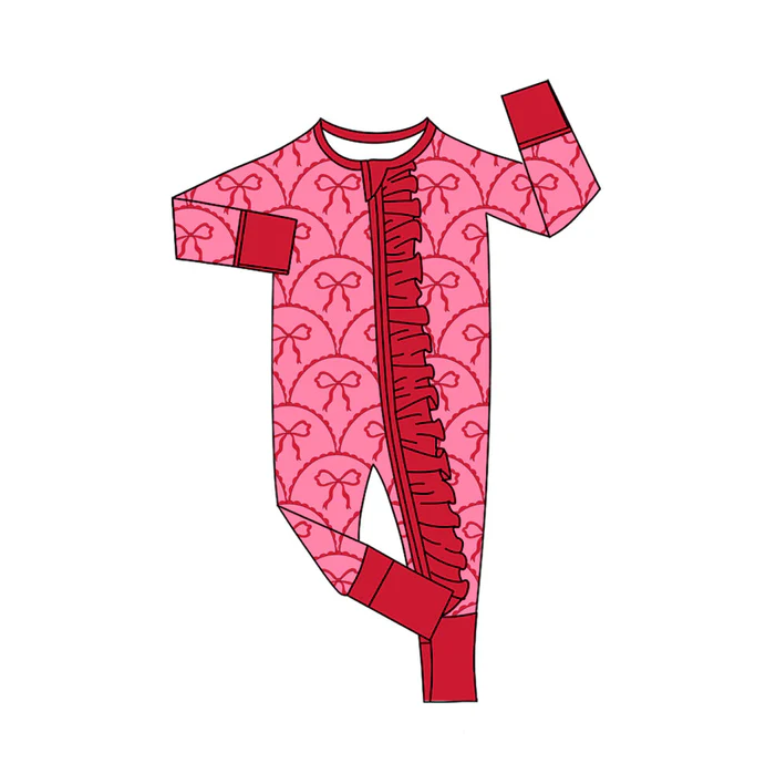 9.8 Preorder (moq 5)Baby Girls Red Bows Checked Valentine Ruffle Zipper Footie Rompers