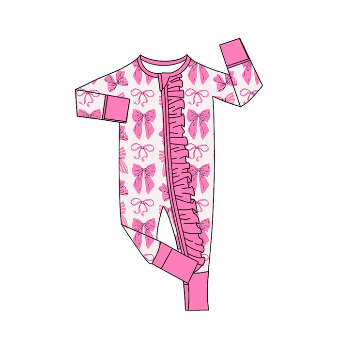9.8 Preorder (moq 5)Baby Girls Pink Bows Valentine Ruffle Zipper Footie Rompers