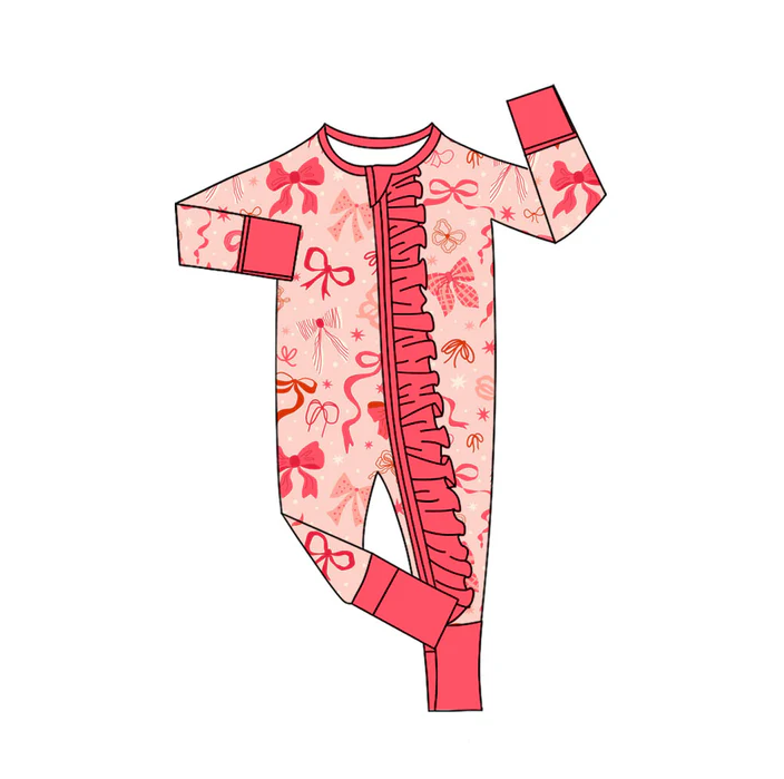 9.8 Preorder (moq 5)Baby Girls Peach Stars Bows Valentine Ruffle Zipper Footie Rompers