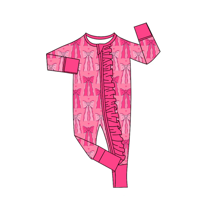 9.8 Preorder (moq 5)Baby Girls Pink Hearts Bows Valentine Ruffle Zipper Footie Rompers