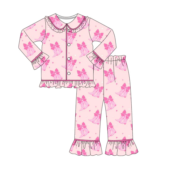 9.8 Preorder (moq 5)Baby Girls Pink Bows Boots Button Top Ruffle Pants Pajamas Sets