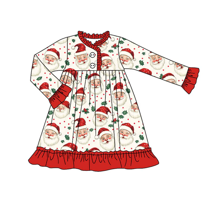 9.8 Preorder (moq 5)Baby Girls Santa Holly Christmas Button Ruffle Knee Length Dresses