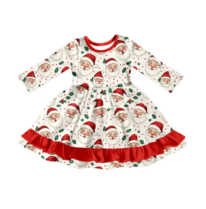 9.8 Preorder (moq 5)Baby Girls Santa Holly Christmas Ruffle Knee Length Dresses