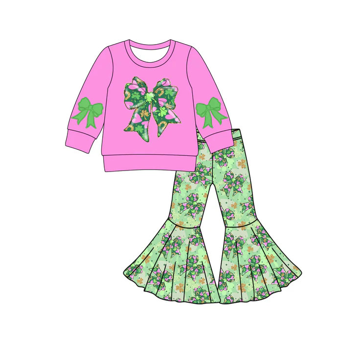 9.8 Preorder (moq 5)Baby Girls Clovers Bows Shirts Top Bell Bottom Pants St Patrick Clothes Sets