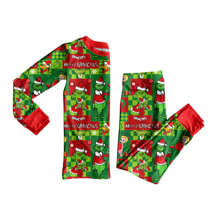 9.9 Preorder (moq 5)Baby Boys Green Faces Miss Top Pants Christmas Pajamas Sets