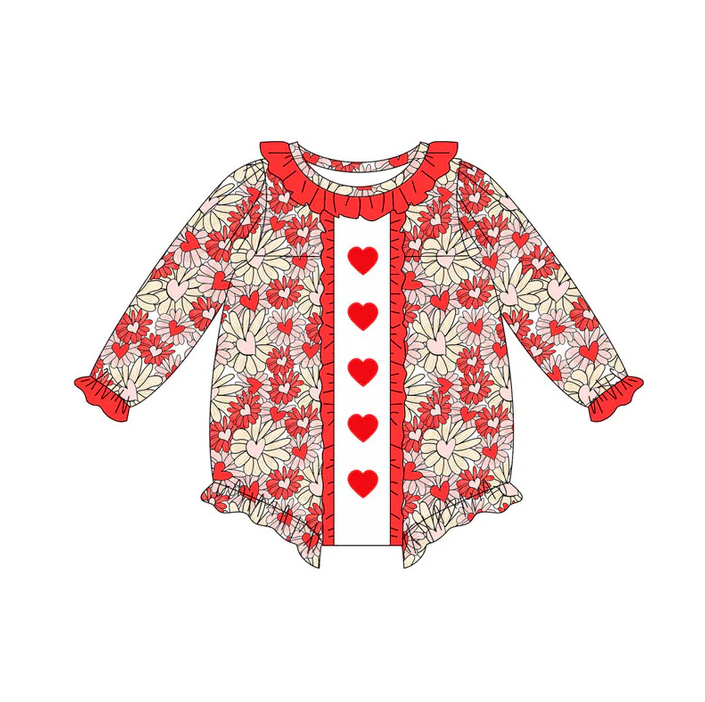 9.10 Preorder (moq 5)Baby Girls Red Daisy Hearts Valentine Ruffle Rompers