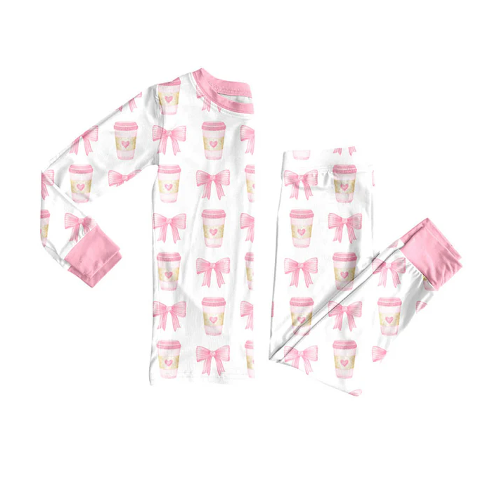 9.10 Preorder (moq 5)Baby Girls Pink Bows Coffee Top Pants Valentine Pajamas Sets