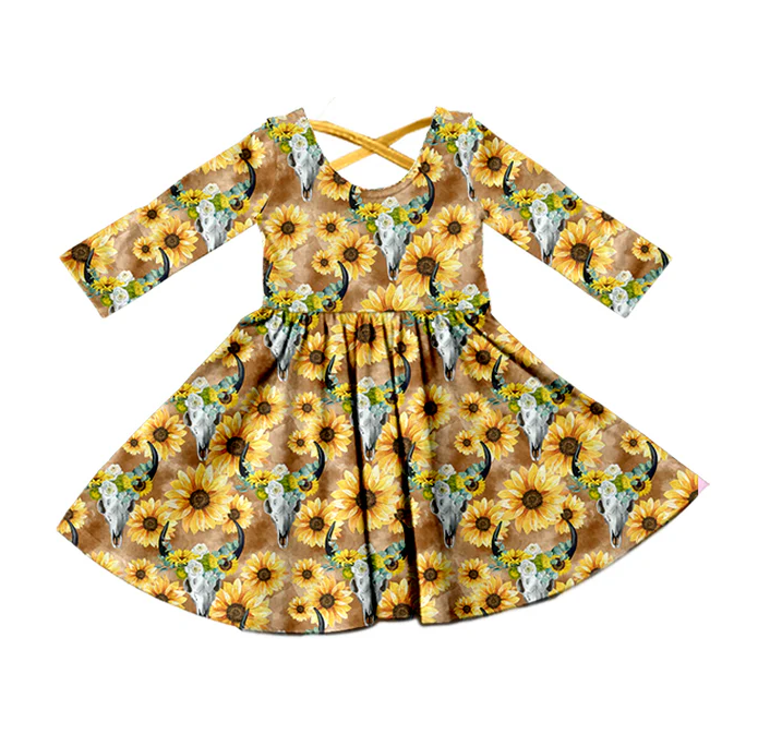 9.10 Baby Girls Western Sunflowers Cows Knee Length Dresses preorder(moq 5)