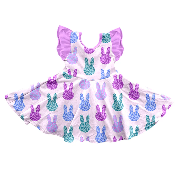 9.10 Baby Girls Purple Rabbit Purple Flutter Sleeve Knee Length Dresses Preorder(moq 5)