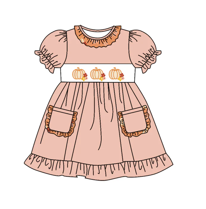 9.11 Baby Girls Pumpkins Pockets Ruffle Knee Length Dresses Preorder(moq 5)