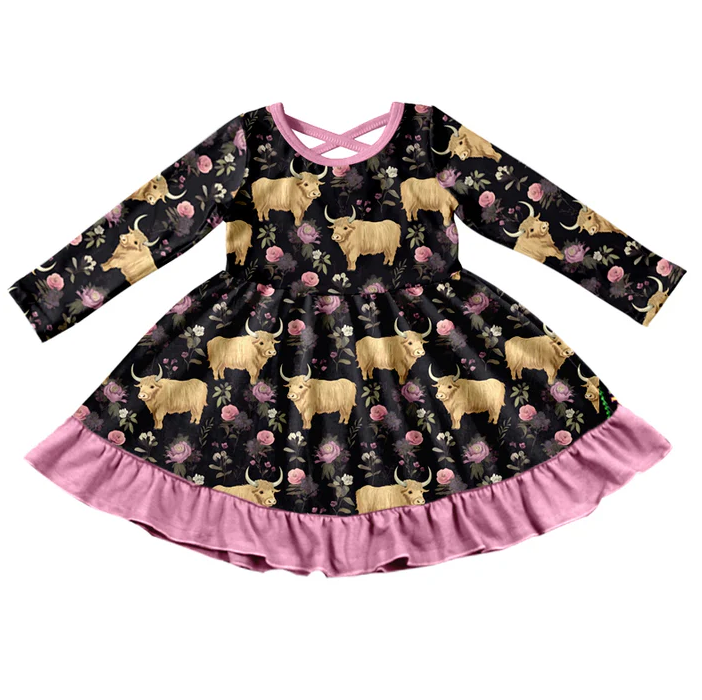 9.11 Baby Girls Highland Cow Ruffle Knee Length Dresses preorder(moq 5)