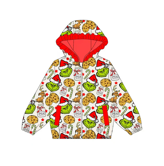 9.12 Preorder (moq 5)Baby Girls Green Faces Cookie Milks Pockets Zipper Christmas Ruffle Hoodies Jackets Top