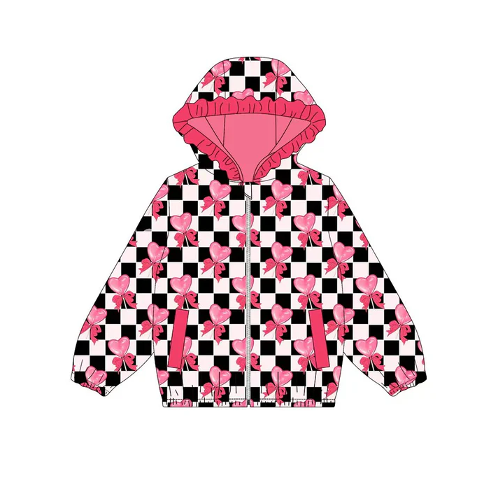 9.12 Preorder (moq 5)Baby Girls Black Checked Bows Hearts Pockets Zipper Ruffle Hoodies Jackets Top