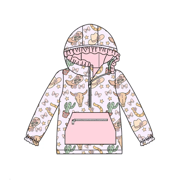 9.12 Preorder (moq 5)Baby Girls Pink Bull Skulls Hats Pocket Zipper Ruffle Hoodies Top