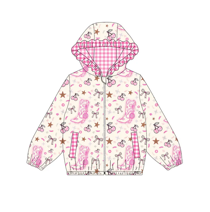 9.12 Preorder (moq 5)Baby Girls Pink Boots Cheers Pockets Zipper Ruffle Hoodies Jackets Top