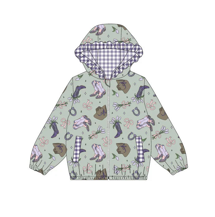 9.12 Preorder (moq 5)Baby Girls Purple Boots Hats Flowers Pockets Zipper Ruffle Hoodies Jackets Top