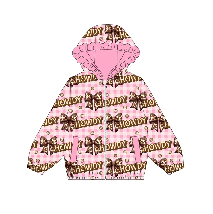 9.12 Preorder (moq 5)Baby Girls Pink Checked Bows Howdy Pockets Zipper Ruffle Hoodies Jackets Top