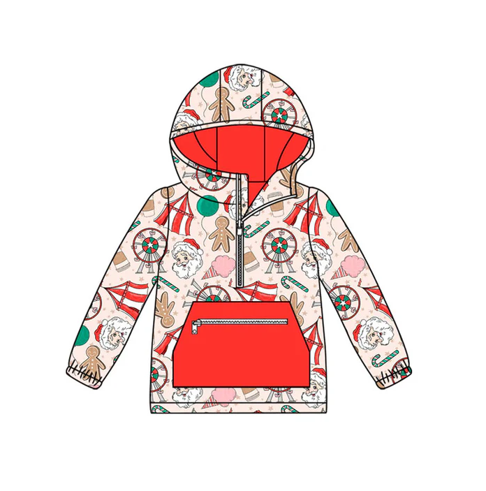 9.12 Preorder (moq 5)Baby Boys Santa Gingerbread Candy Zipper Pocket Christmas Hoodies Top