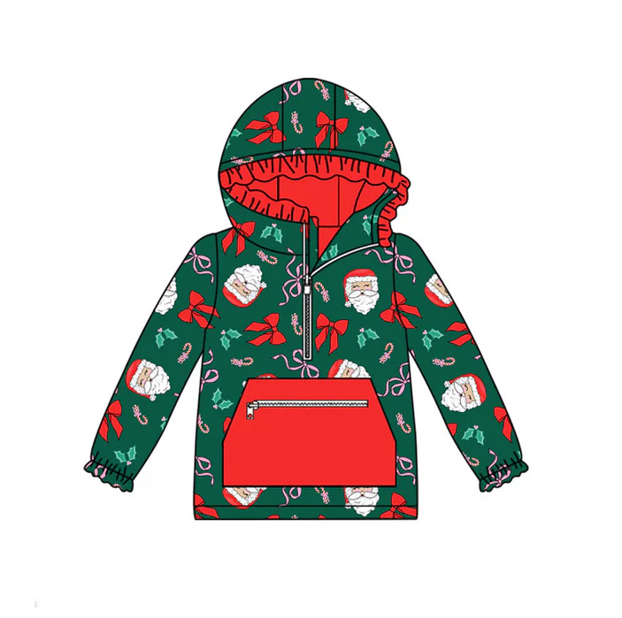 9.12 Preorder (moq 5)Baby Girls Dark Green Santa Bows Holly Zipper Pocket Christmas Ruffle Hoodies Top