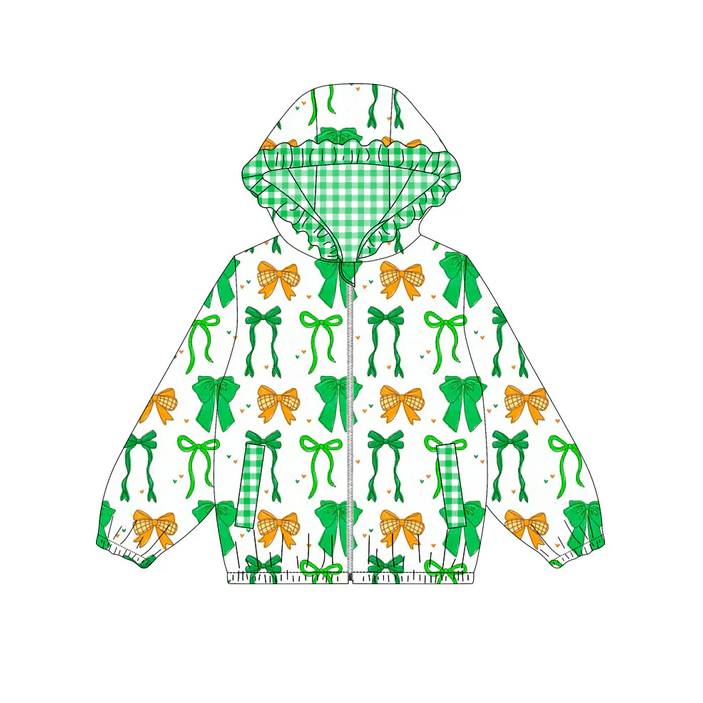 9.12 Preorder (moq 5)Baby Girls Green Orange Bows Hearts Pocket Zipper St Patrick Ruffle Hoodies Jackets Top