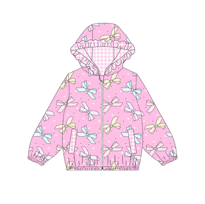 9.12 Preorder (moq 5)Baby Girls Pink Hearts Bows Pocket Zipper Valentine Ruffle Hoodies Jackets Top